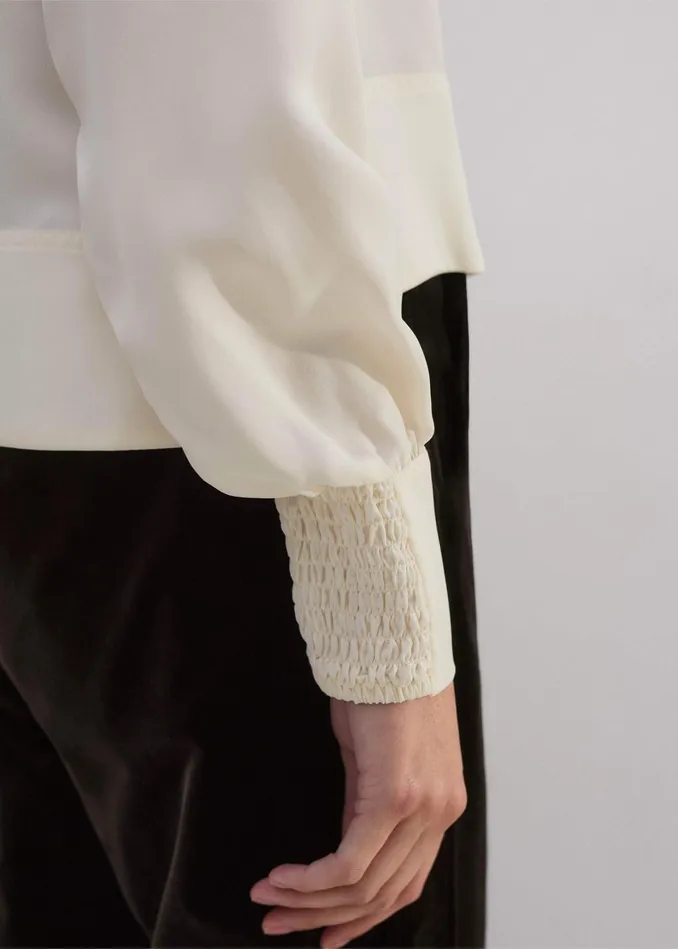 Women Silk High Neck Raglan Sleeve Top Cream MEEM