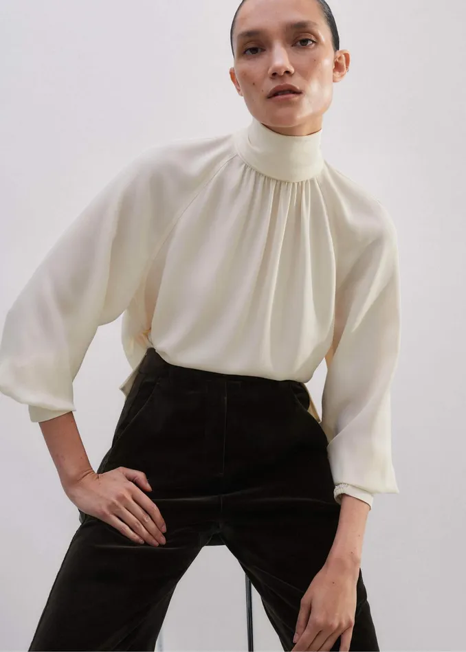 Women Silk High Neck Raglan Sleeve Top Cream MEEM