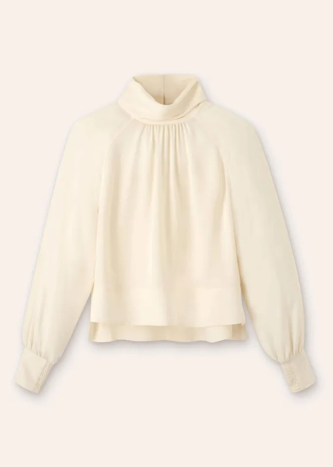 Women Silk High Neck Raglan Sleeve Top Cream MEEM