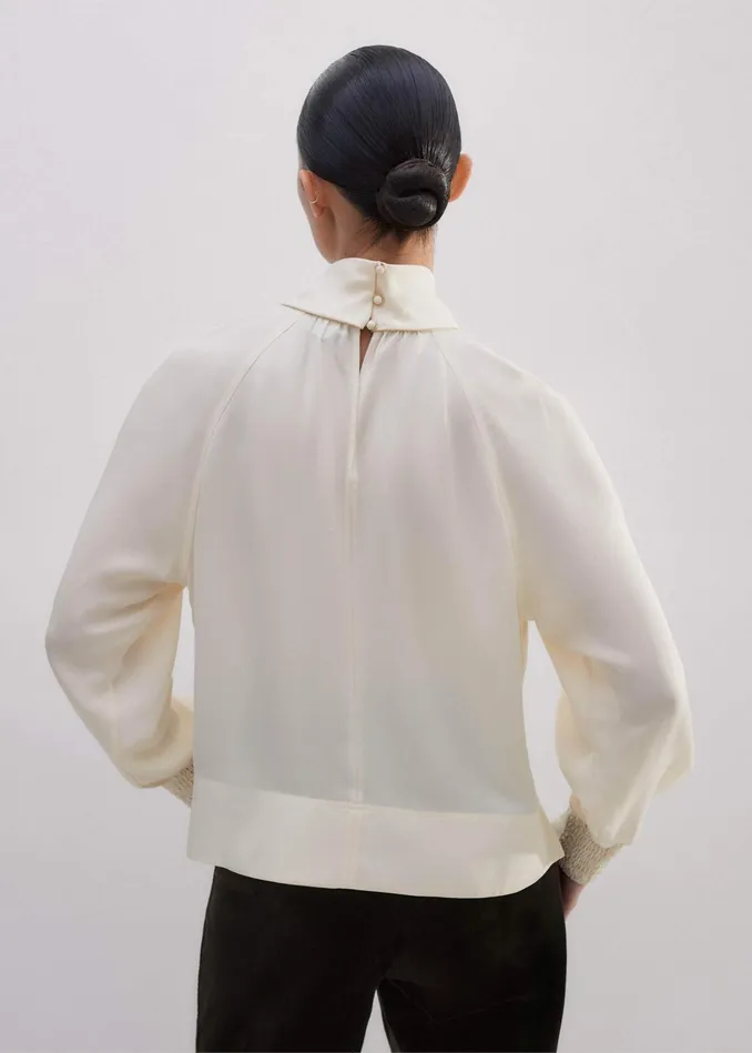Women Silk High Neck Raglan Sleeve Top Cream MEEM