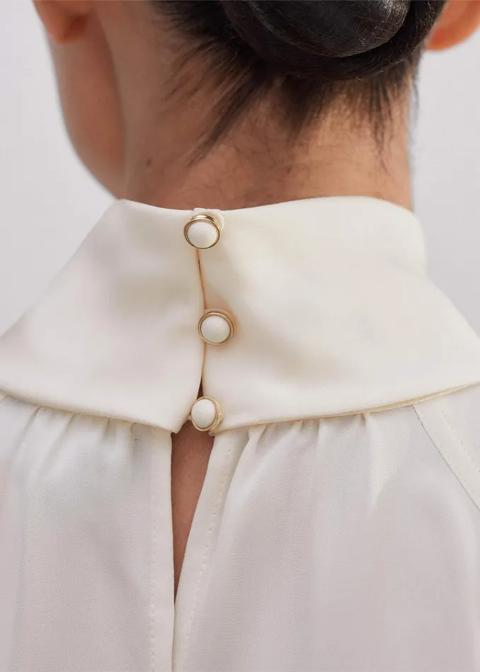 Women Silk High Neck Raglan Sleeve Top Cream MEEM