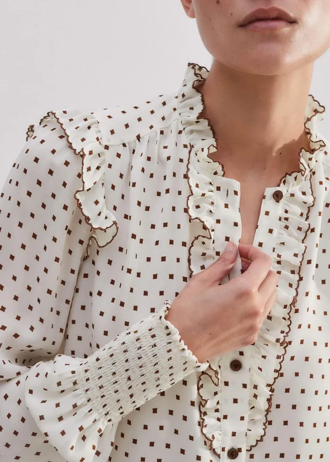 Women Silk Little Squares Print Blouse Light Creamtreacle MEEM