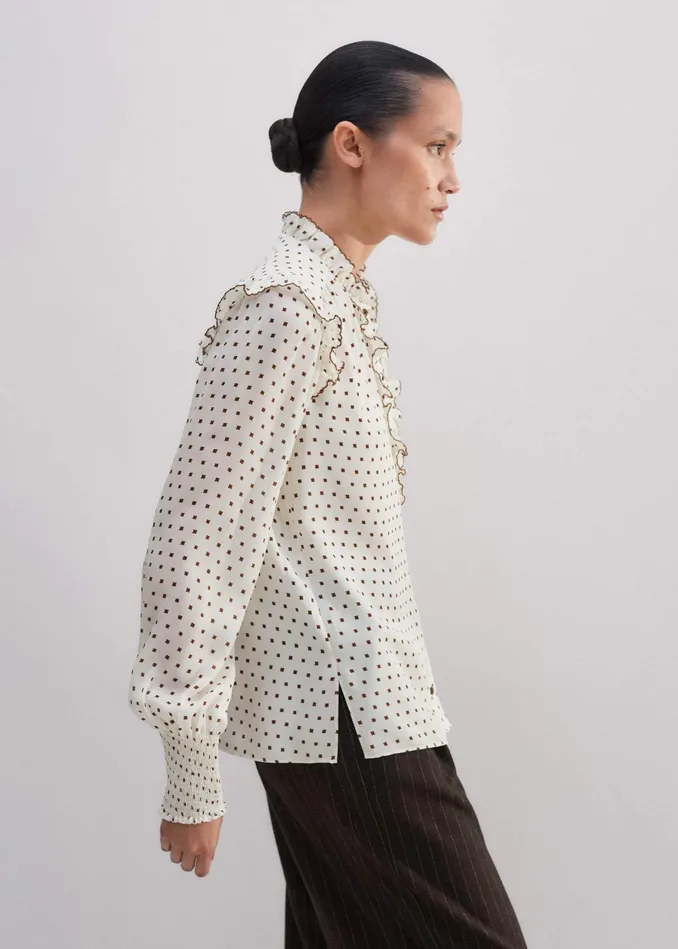 Women Silk Little Squares Print Blouse Light Creamtreacle MEEM