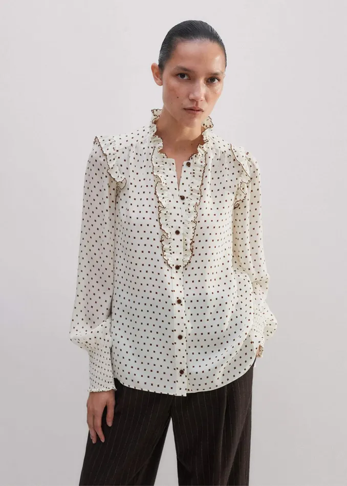 Women Silk Little Squares Print Blouse Light Creamtreacle MEEM