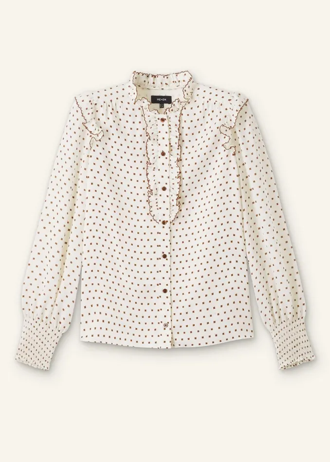 Women Silk Little Squares Print Blouse Light Creamtreacle MEEM