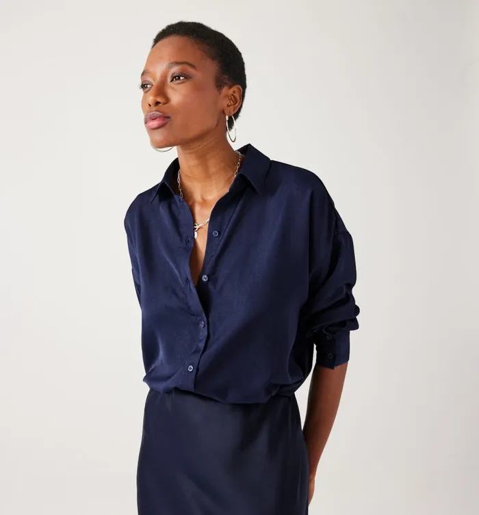 Women Silky Shirt 8211 Navy Blue Promod Shirts And Tunics