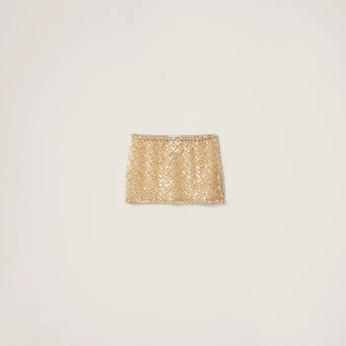 Women Skirts Miu Miu Embroidered Organza Miniskirt Sand Beige