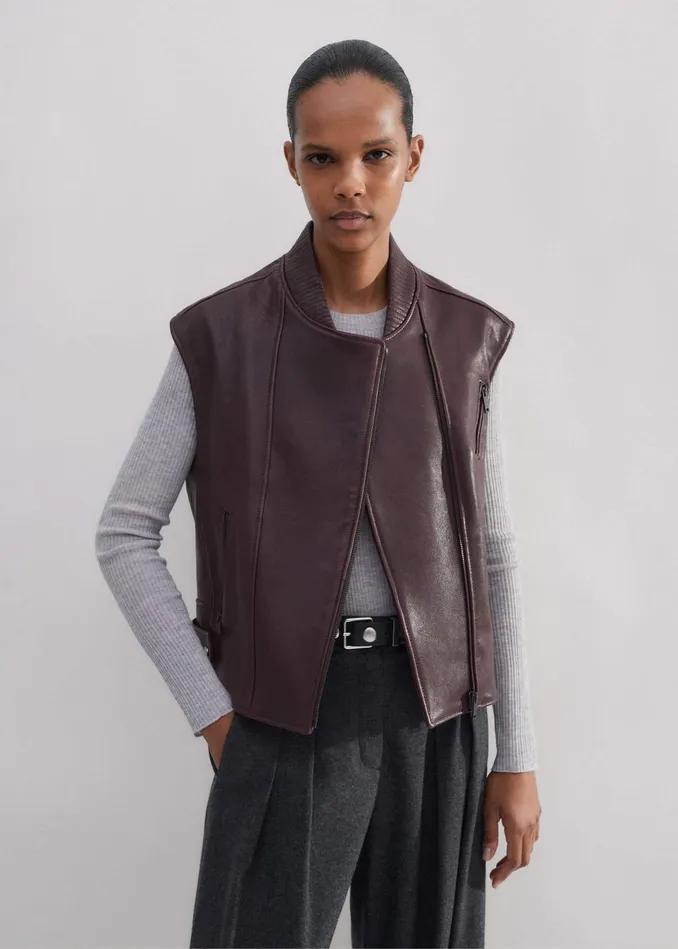 Women Sleeveless Luxe Leather Biker Jacket Oxblood MEEM