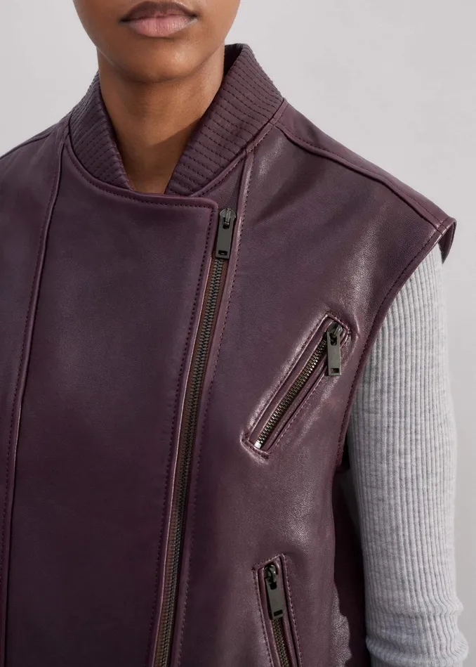 Women Sleeveless Luxe Leather Biker Jacket Oxblood MEEM
