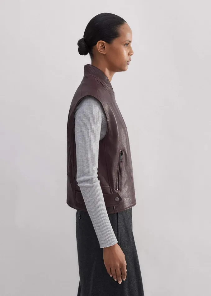 Women Sleeveless Luxe Leather Biker Jacket Oxblood MEEM
