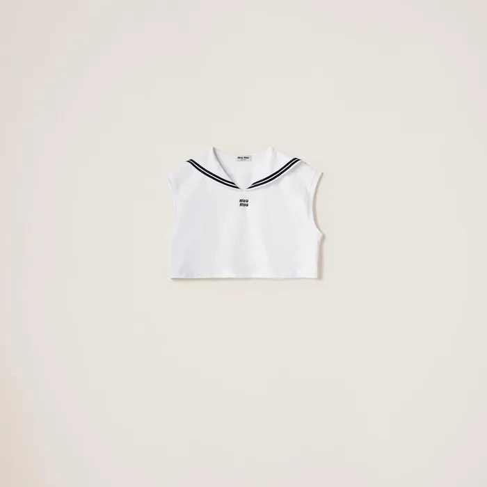 Women TShirts And Sweatshirts Miu Miu Cotton Jersey Top With Embroidered Logo White