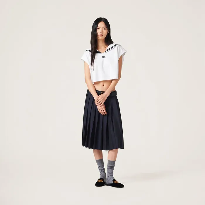Women TShirts And Sweatshirts Miu Miu Cotton Jersey Top With Embroidered Logo White Women TShirts And Sweatshirts Miu Miu Cotton Jersey Top With Embroidered Logo White
