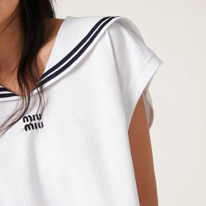 Women TShirts And Sweatshirts Miu Miu Cotton Jersey Top With Embroidered Logo White Women TShirts And Sweatshirts Miu Miu Cotton Jersey Top With Embroidered Logo White