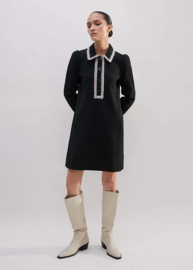 Women Textured Clash Jacquard Shift Dress Black MEEM