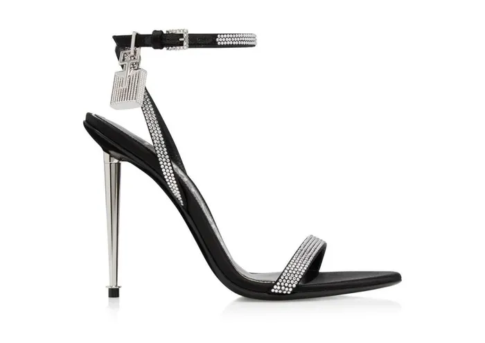 Women The Padlock Tom Ford Crystal Embellished Satin Padlock Pointy Naked Sandal Black Crystal