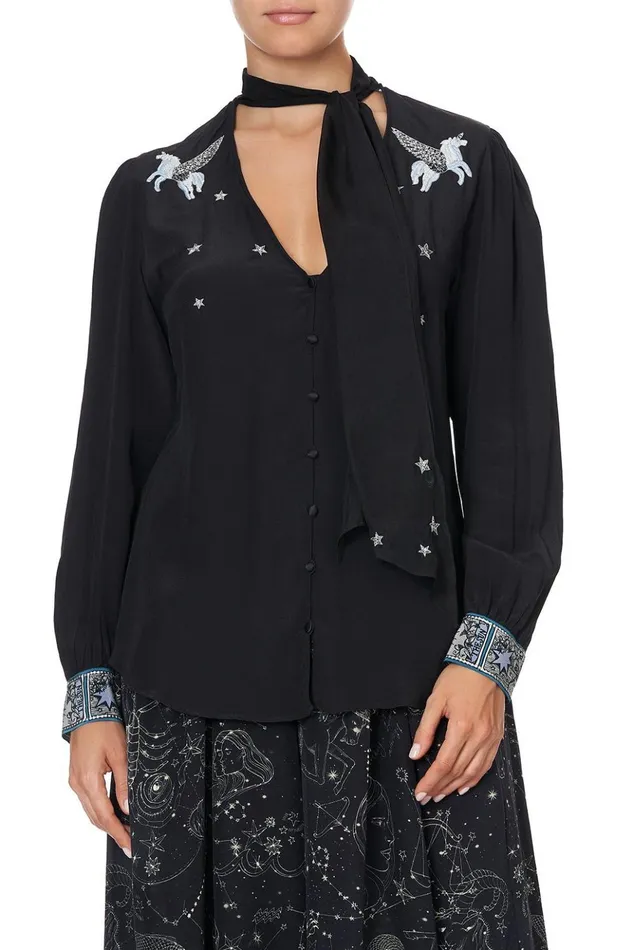 Women Tops Camilla Button Down Blouse With Neck Tie Astro Disco