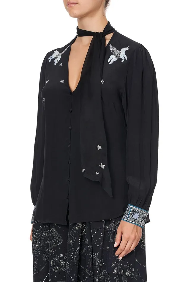 Women Tops Camilla Button Down Blouse With Neck Tie Astro Disco