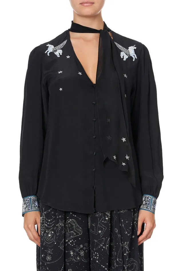 Women Tops Camilla Button Down Blouse With Neck Tie Astro Disco