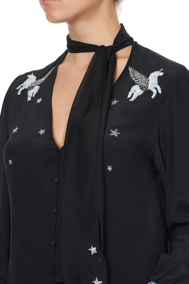 Women Tops Camilla Button Down Blouse With Neck Tie Astro Disco