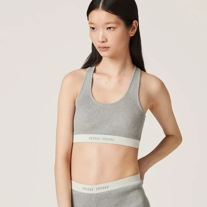 Women Underwear And Beachwear Miu Miu Cotton Knit Top Marble Graytan Women Underwear And Beachwear Miu Miu Cotton Knit Top Marble Graytan