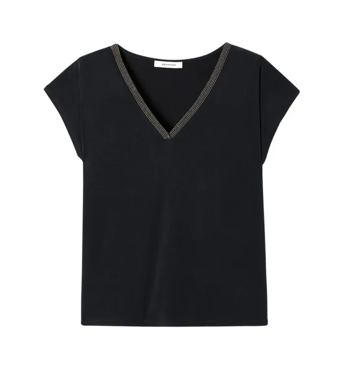 Women VNeck Top With Glitzy Detail 8211 Black Promod Tops Women VNeck Top With Glitzy Detail 8211 Black Promod Tops