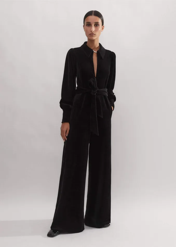 Women Velour Jumpsuit Belt Black MEEM