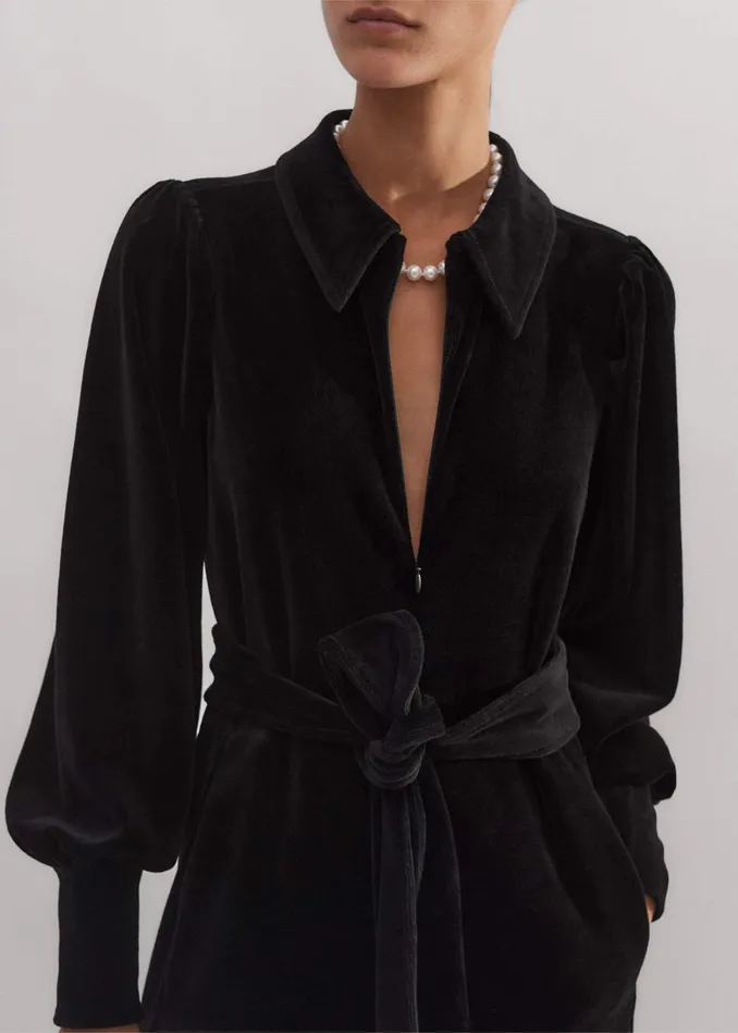 Women Velour Jumpsuit Belt Black MEEM