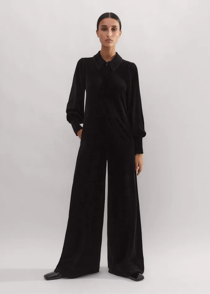 Women Velour Jumpsuit Belt Black MEEM