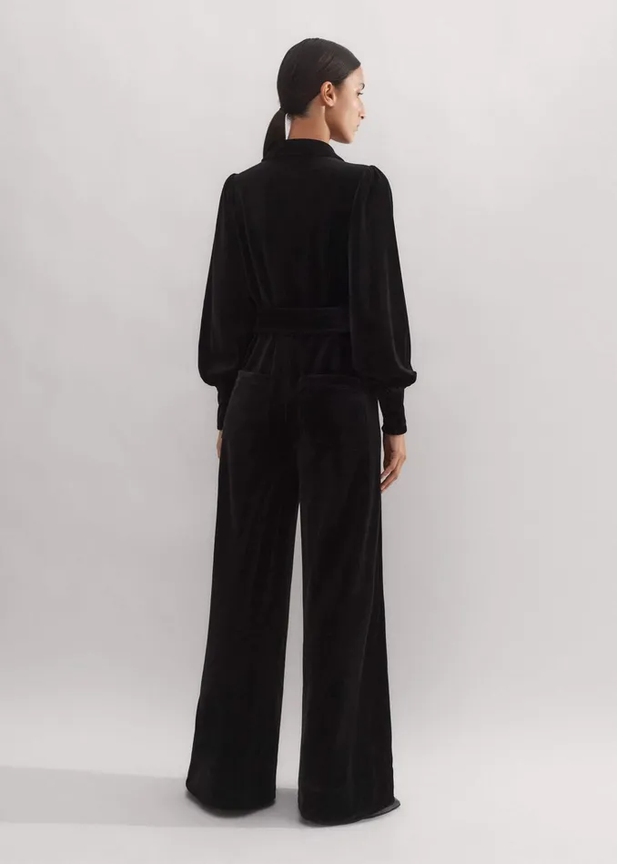 Women Velour Jumpsuit Belt Black MEEM