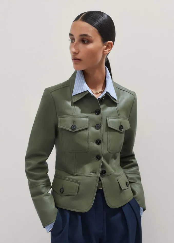 Women Washed Leather Fitted Utility Jacket Bright Olive MEEM
