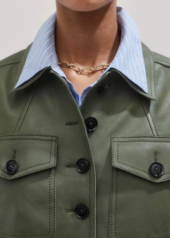 Women Washed Leather Fitted Utility Jacket Bright Olive MEEM