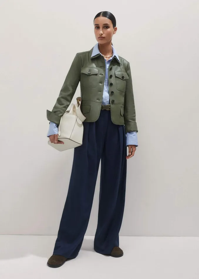 Women Washed Leather Fitted Utility Jacket Bright Olive MEEM