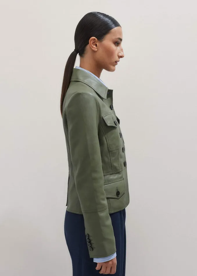 Women Washed Leather Fitted Utility Jacket Bright Olive MEEM