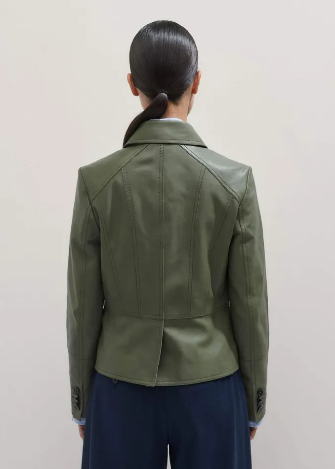 Women Washed Leather Fitted Utility Jacket Bright Olive MEEM
