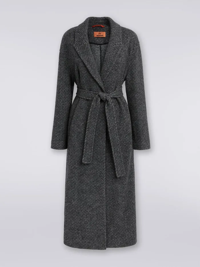 Women Wool Coat With Herringbone Pattern Black Missoni Coats and Jackets