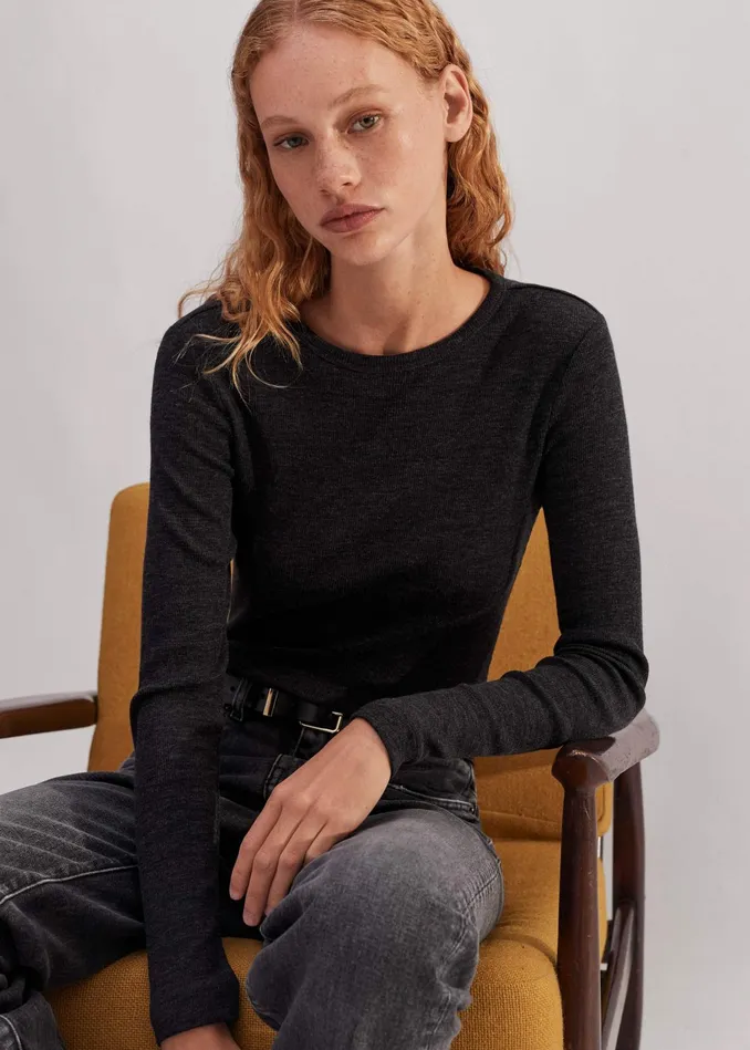 Women Wool Jersey Crew Neck Top Charcoal Marl MEEM