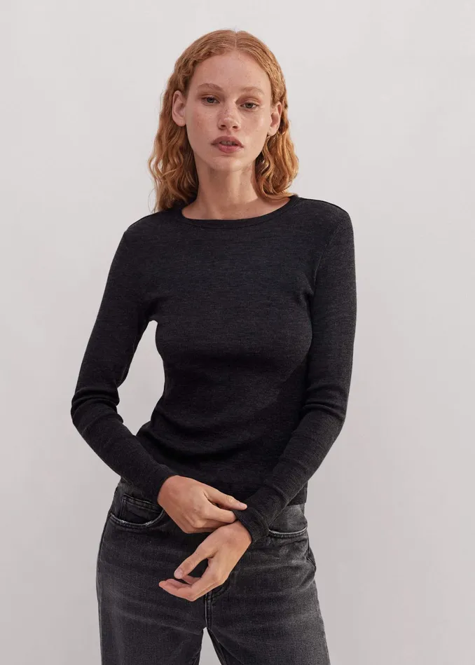 Women Wool Jersey Crew Neck Top Charcoal Marl MEEM