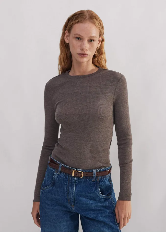 Women Wool Jersey Crew Neck Top Mocha Melange MEEM
