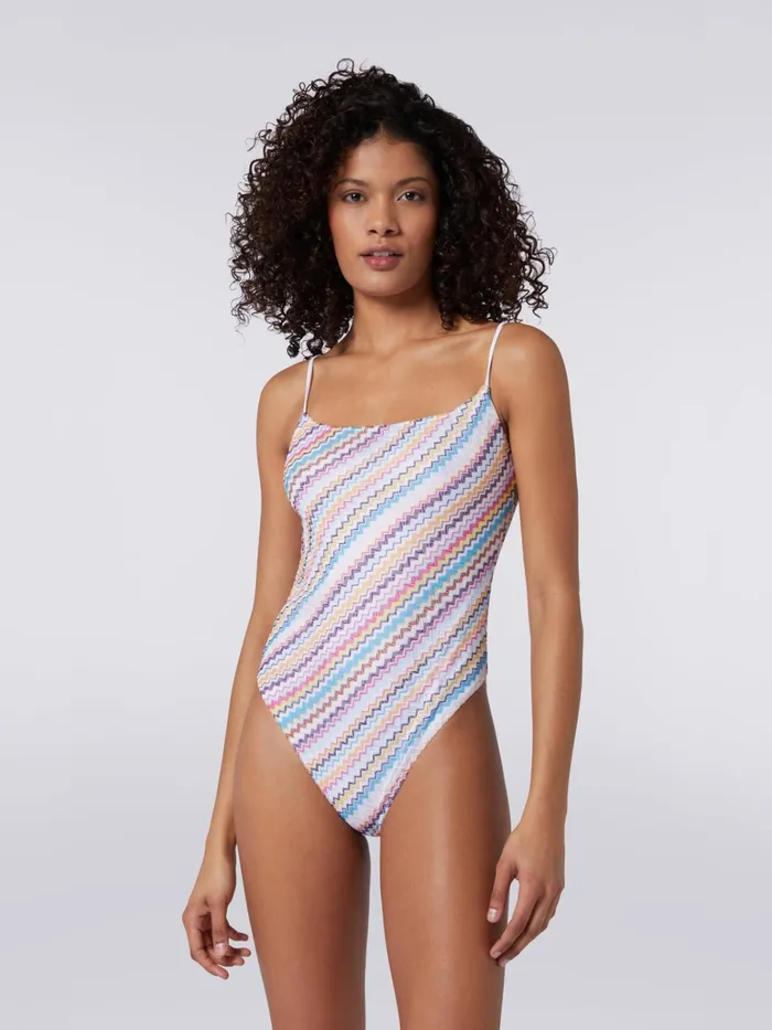 Women Zigzag Knit OnePiece Swimming Costume With Thin Adjustable Straps Multicoloured Missoni Swimsuits