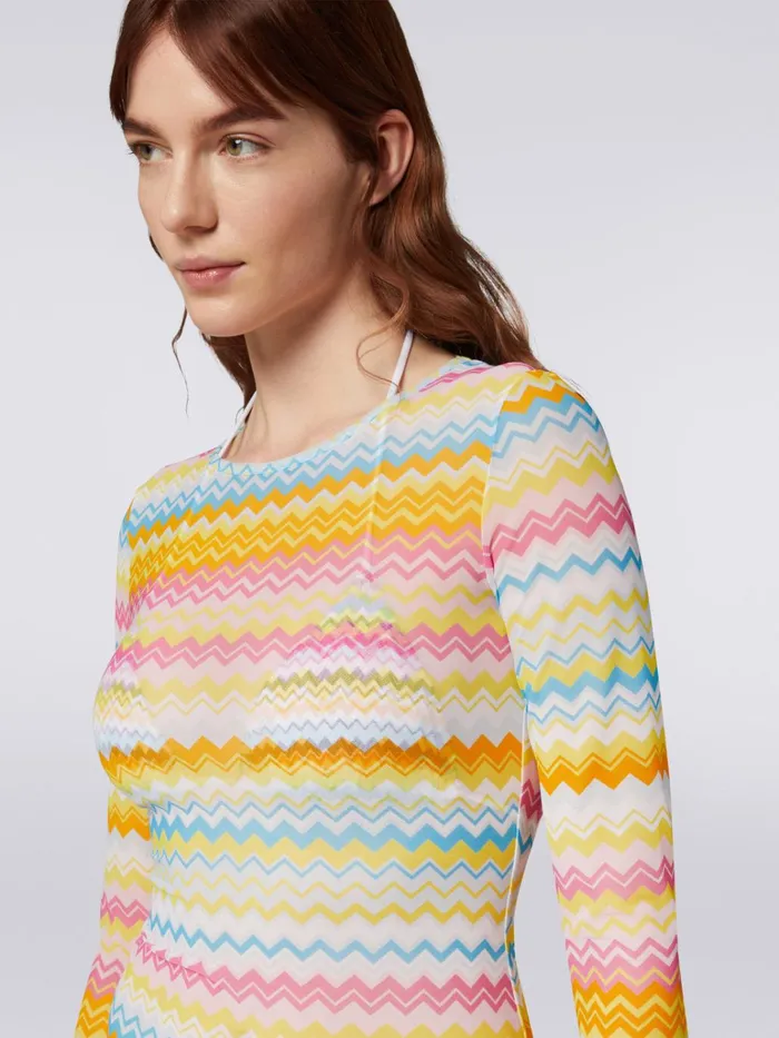 Women Zigzag Print Tulle Cover Up MiniDress Multicoloured Missoni Tshirts And Tops