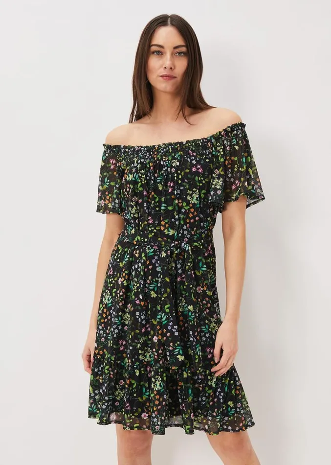 Zaylah Shirred Floral Mesh Dress Blackmulti Women Phase Eight Dresses