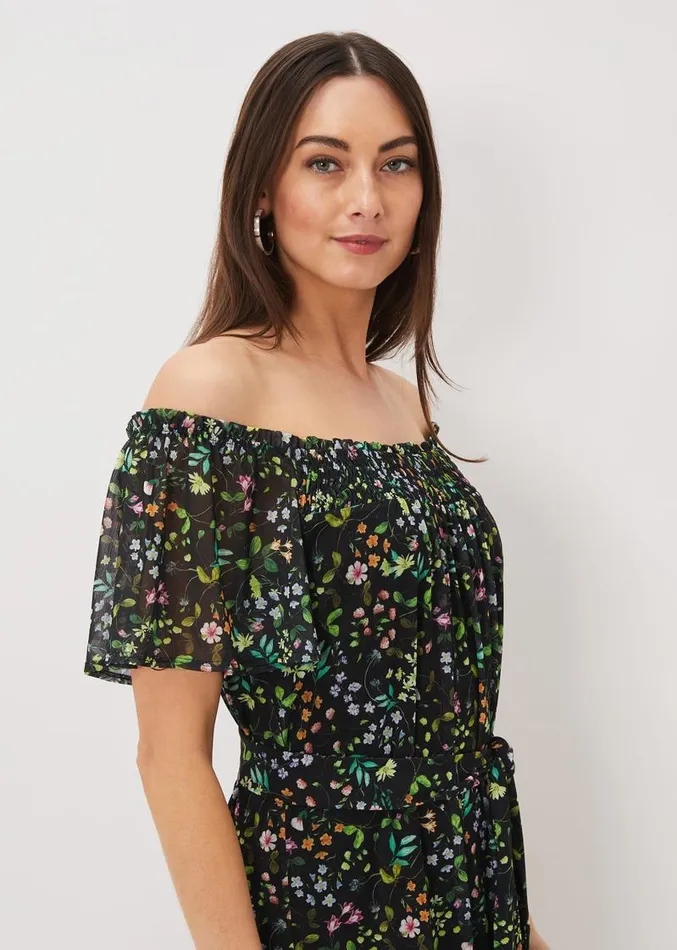 Zaylah Shirred Floral Mesh Dress Blackmulti Women Phase Eight Dresses
